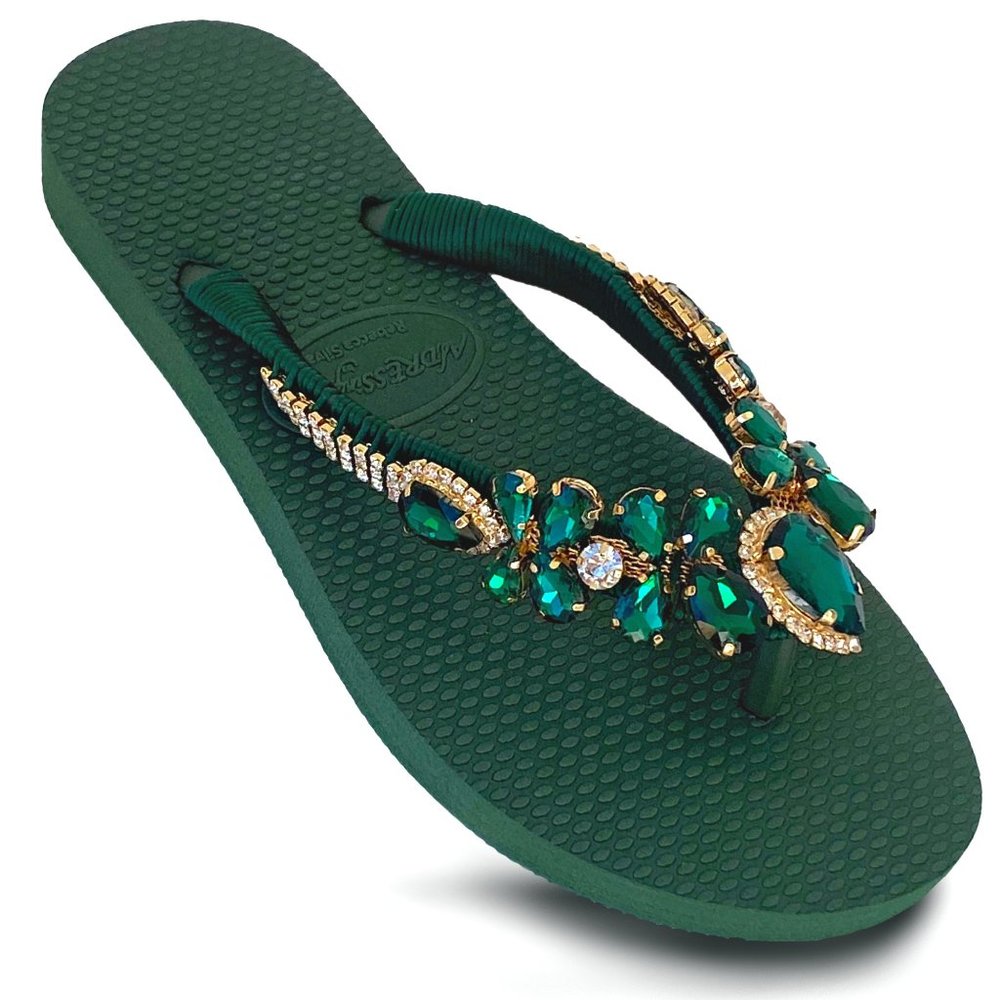 AdDRESSingMe Flip Flops With Rhinestones Green